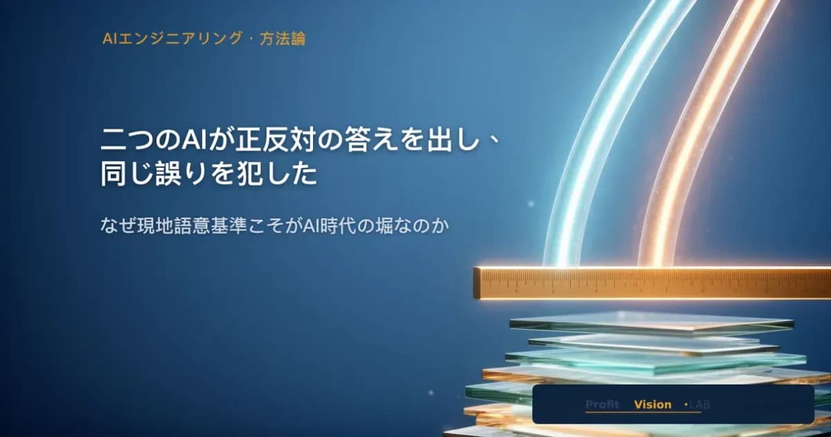 現地語意基準の表紙:整合しない二本の光導管が金色の校正基準バーに収束し、その下にガラス層が積み重なる。スチールブルーと金、ProfitVision LAB AIエンジニアリングシリーズ