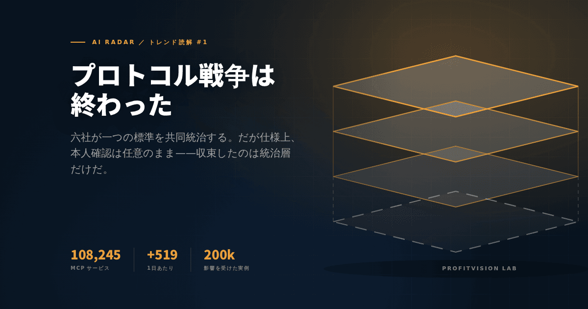 AIエージェント・プロトコル収束のカバー:深い墨色の背景に積層するプロトコル層。上三層は光を受けて接合し、最下層は破線の輪郭のみで未完成。ProfitVision LAB AI Radar トレンド読解シリーズ。